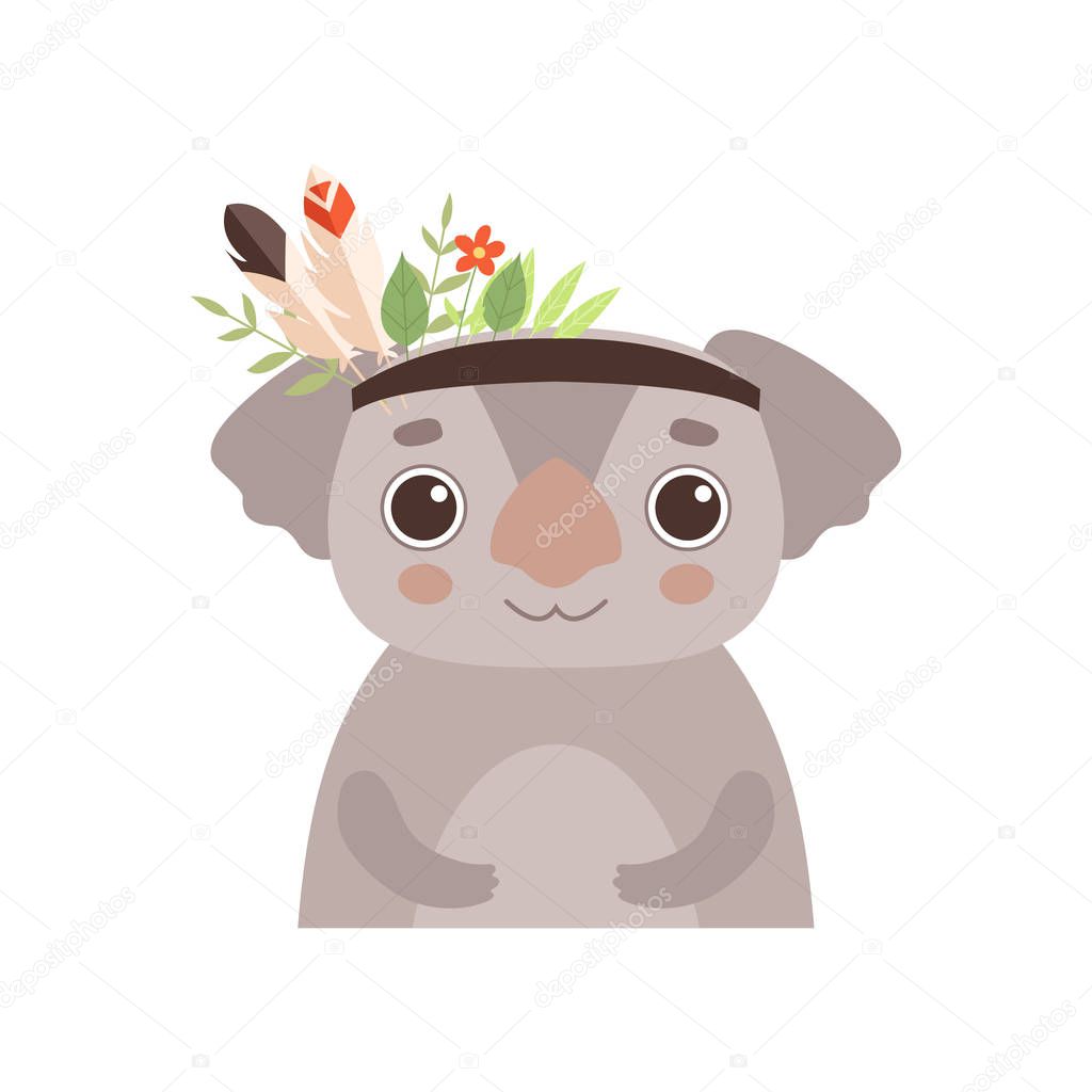 Cute Coala Bear Animal Wearing Headdress with Feathers, Leaves and Flowers Vector Illustration