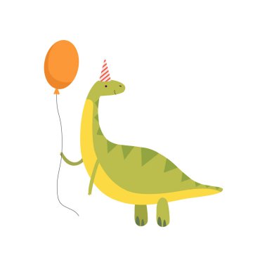 Sevimli dinozor kırmızı balon, komik yeşil Dino karakter, Happy Birthday Party tasarım öğesi vektör çizim ile parti şapkalı