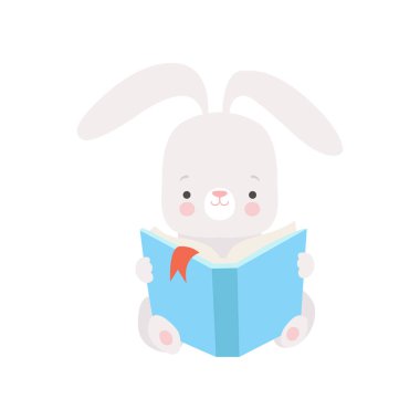 Kitap çok güzel sevimli beyaz tavşan vektör çizim oturma hayvan karakter akıllı