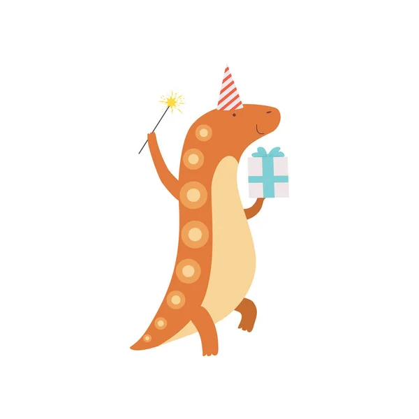 Niedlichen Dinosaurier in Partyhut mit Zauberstab und Geschenkbox, lustige bunte Dino-Charakter, Happy Birthday Party Design Element Vektor Illustration — Stockvektor