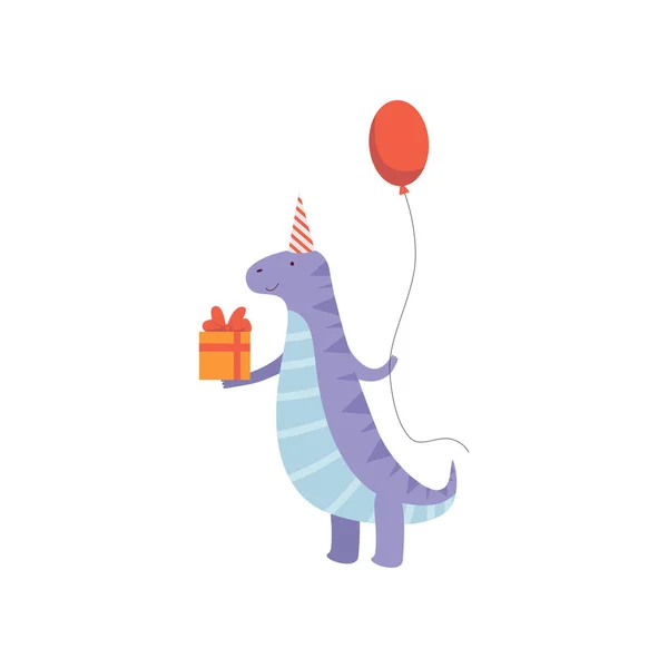 Cute Dinosaur in Party Hat with Gift Box and Balloon, Funny Blue Dino Character, Happy Birthday Party Design Element Vector Illustration