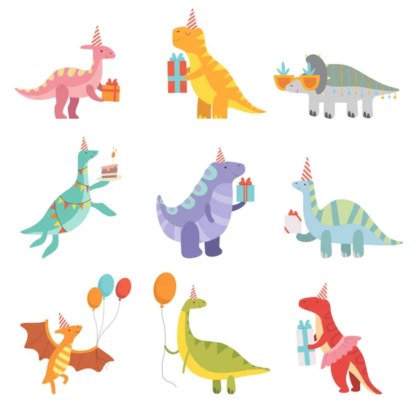 Verzameling van Cute dinosaurussen in partij hoeden met geschenk dozen, grappige blauwe Dino tekens, Happy Birthday Party Design elementen vectorillustratie — Stockvector