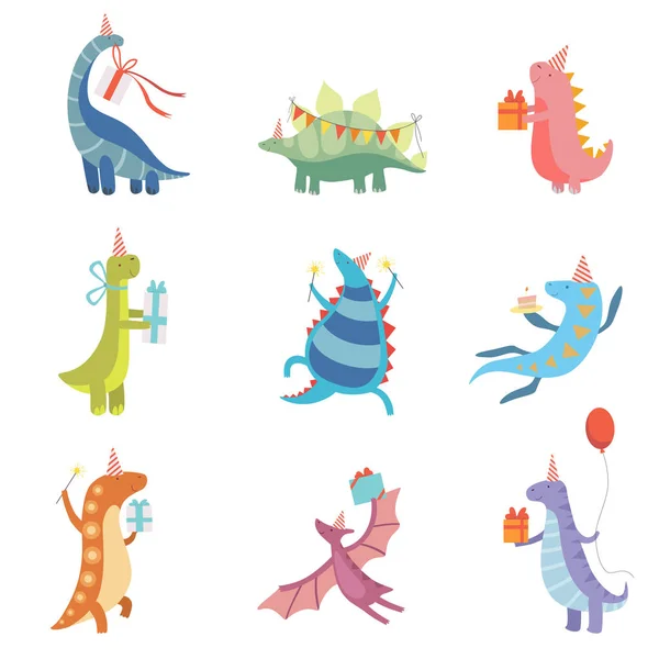 Colección de dinosaurios coloridos lindos en sombreros de fiesta, personajes divertidos de Dino azul, elementos de diseño de fiesta de cumpleaños feliz Vector Ilustración — Archivo Imágenes Vectoriales