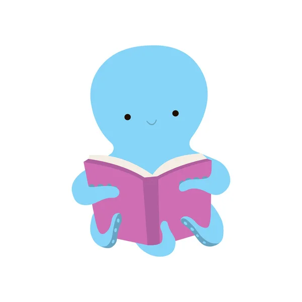 Livre de lecture de poulpe mignon, personnage adorable de créature de mer intelligente assis avec l'illustration vectorielle de livre — Image vectorielle