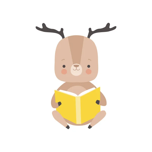 Schattig herten lezen boek, schattig slimme dieren teken zitten met boek vectorillustratie — Stockvector