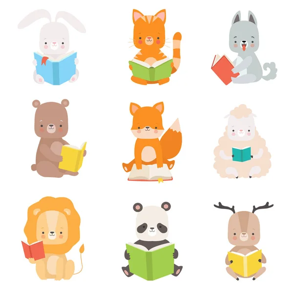 Personajes de animales lindos Set de libros de lectura, Adorable gato inteligente, oso panda, león, cordero, zorro, lobo, conejo, ciervo sentado con libros Vector Illustration — Vector de stock