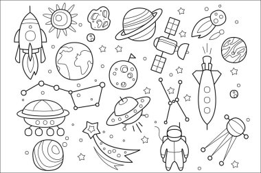 El çizilmiş uzay nesnelerinin vektör kümesi. Uzaylıların uçan daireleri, uzay gemisi, roket, astronot, kozmik uydu, yıldızlar ve farklı gezegenler. Çizim biçimi simgeleri