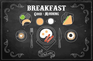 El lezzetli breakfast vektör çizim Siyah Kara tahta çekilmiş. Yumurta sosis, tatlı çörek, kahve fincanı, sandviç, taze meyve, meyve suyu ve süt sürahi. Üstten Görünüm