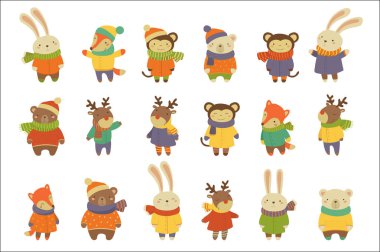 Çizgi film seti insanlaşmış hayvanların sıcak giysiler giymiş. Komik Tavşan, ayılar, tilki, geyikler ve maymunlar. Çocuk s düz vektör tasarımı için kitap veya eğitim kartı
