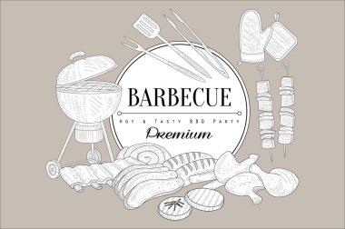 Vektör çizimi ızgara, mutfak eşyaları pişirme, gıda kebap, tavuk budu, pirzola, biftek, sığır eti, domuz eti, sosis ve metin için yer. Sıcak ve lezzetli yemek. Barbekü Tema