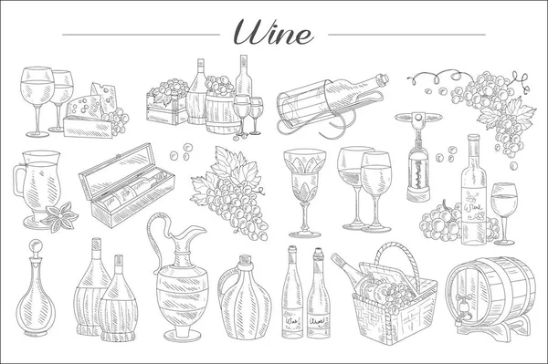 Esquisse détaillée des éléments du vin. Bouteilles, verres de différentes formes, tonneaux, panier pique-nique. Délicieuse boisson alcoolisée à base de raisins. Conception vectorielle dessinée à la main — Image vectorielle