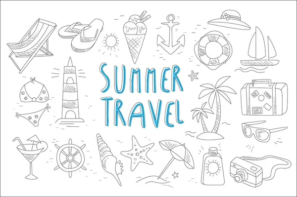 Çeşitli aksesuarlar, plaj tatil ve deniz unsurları ile ayarlayın. Yaz seyahat Tema. Elle çizilmiş vektör tasarım reklam afiş veya el ilanı, turizm acentesi