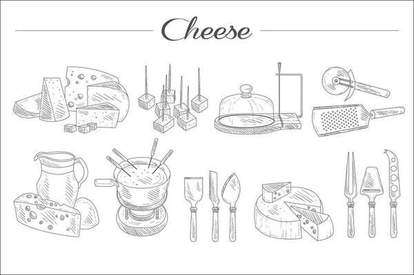 スケッチ スタイルのチーズ、キッチン アクセサリー、美味しい軽食のセットです。美食酪農製品。プロモーション ポスター、バナーやチラシのグラフィック要素。手描きの背景アイコン — ストックベクタ