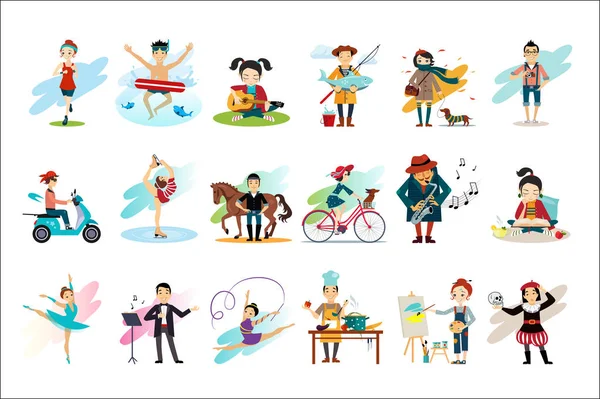 Conjunto de personas en diversas acciones. Hombres y mujeres que participan en sus pasatiempos favoritos. Estilo de vida activo y saludable. Personajes de dibujos. Diseño de vector plano colorido — Vector de stock