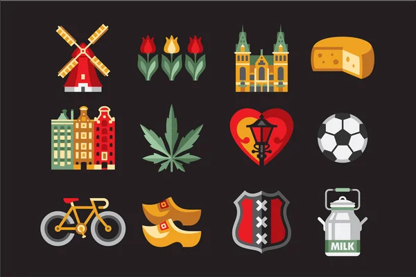 Conjunto de vectores planos de objetos tradicionales de Holanda. Molino de viento, tulipanes, queso, bola, escudo de armas, edificios, farola, catedral, bicicleta, zapatos, leche. Amsterdam símbolos de viaje — Vector de stock