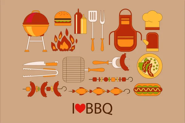 Elementy projektu do grillowania. Grill, naczynia kuchenne, hamburger, Hot-Dog, kapelusz kucharz, fartuch, rękawica, butelki ketchupu i musztardy, ryb i kiełbaski na szaszłyki. Obiekty wektorowe płaskie — Wektor stockowy