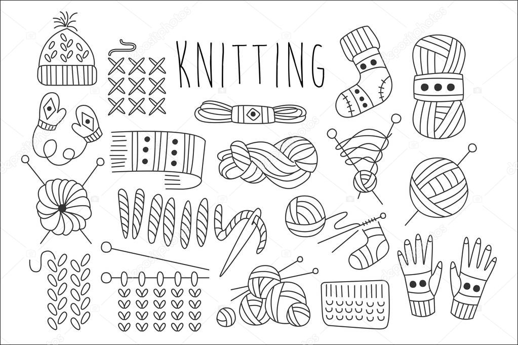 Collection of icons for knitting related theme. Yarn, stitch, needles, knitted clothing. Graphic elements for logo for hand made things. Hand drawn vector illustration isolated on white background.