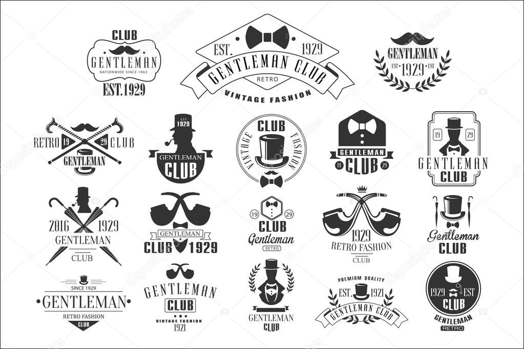 Collection of stylish emblems for gentleman club. Vintage labels with silhouettes of men, smoking pipes, mustaches, bow ties and umbrellas. Monochrome vector illustration isolated on white background.