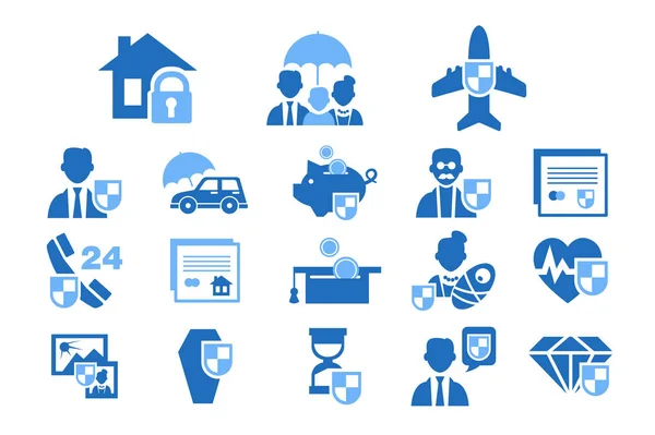 Diverse blaue Versicherungssymbole gesetzt, Lebens-, Gesundheits-, Immobilien-, Finanzvektorillustrationen auf weißem Hintergrund — Stockvektor