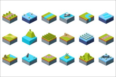 Doğal yaz ve kış seti, tasarım öğeleri için bilgisayar oyun arayüzü vektör çizimler beyaz bir arka plan manzara