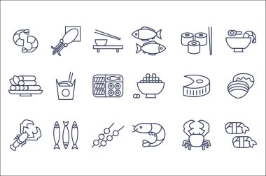 Deniz ürünleri hattı Icons set, Japon mutfağı, balık, karides, istiridye, kalamar, ahtapot, Yengeç, havyar, somon vektör çizimler üzerinde beyaz bir arka plan