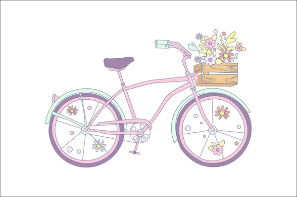 Bicicletta retrò rosa con fiori in una scatola di legno vettoriale illustrazione — Vettoriale Stock