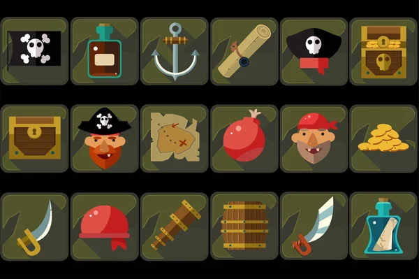 Пиратские иконки, древние устройства путешествий и приключений, поиск сокровищ, детали для компьютерных игр игровой вектор Иллюстрации — стоковый вектор