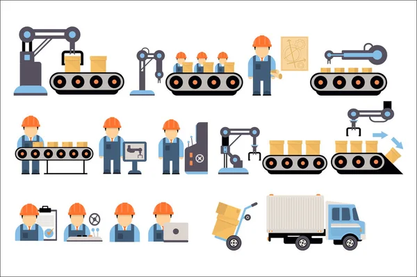 Línea transportadora de fabricación industrial con equipos de embalaje y trabajadores de fábrica establecen vectores Ilustraciones sobre un fondo blanco — Vector de stock