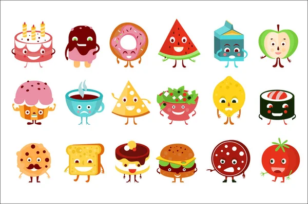卡通有趣的食品字符集, 蛋糕, 西瓜, 冰淇淋, 甜甜圈, 苹果, 纸杯蛋糕, 比萨饼, 寿司卷, 吐司, 番茄矢量插图在白色的背景 — 图库矢量图片