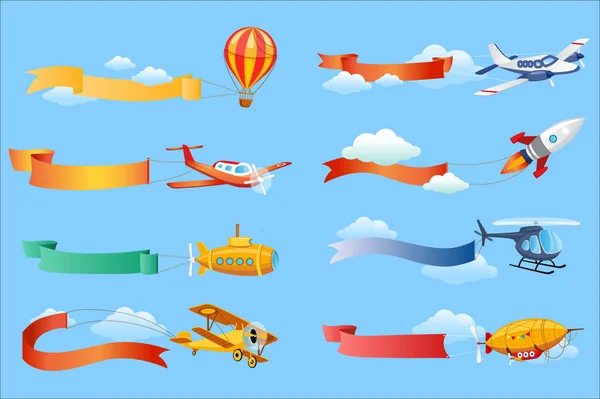 Air vehicles with horizontal banners set, helicopter, airplane, biplane, airship with ribbons vector Illustrations — Stock Vector