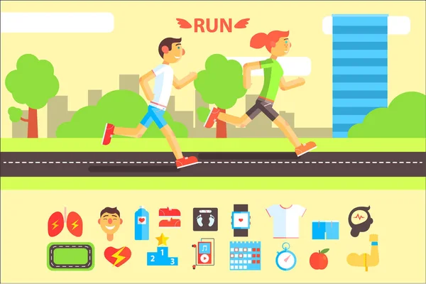 Correr pessoas, esportes e equipamentos de atividade física banners horizontais vetor Ilustrações —  Vetores de Stock