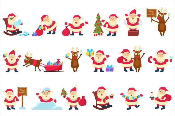 Papai Noel conjunto, personagens engraçados de desenhos animados em diferentes situações vetor Ilustrações em um fundo branco —  Vetores de Stock