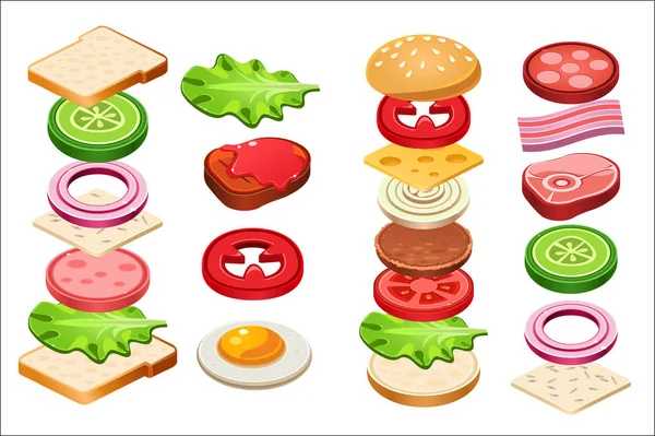 Juego de ingredientes para hamburguesas y sándwiches, bollo, queso, tocino, tomate, cebolla, lechuga, pepino, huevo, carne de res, jamón vector Ilustración — Vector de stock