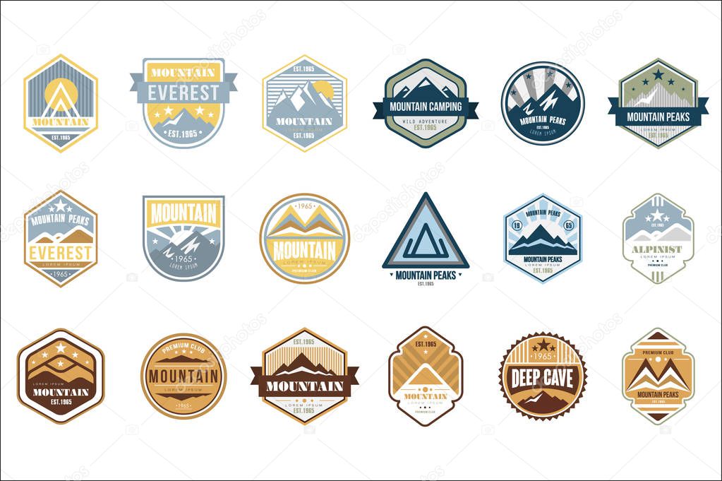 Mountain camping logo set, alpinist, mountain peaks, deep cave retro vintage style emblems and badges vector Illustrations isolated on a white background.