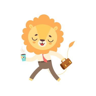 Sevimli aslan işadamı fincan kahve ve evrak çantası, komik Afrika hayvan karikatür karakter vektör çizim ile yürüyüş