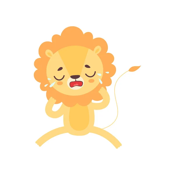 Choro bonito do leão com lágrimas, ilustração adorável do vetor do caráter dos desenhos animados do animal africano — Vetor de Stock