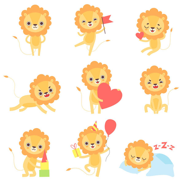 Cute Lion in Different Situations Set, Adorable African Animal Cartoon Character Vector Illustration