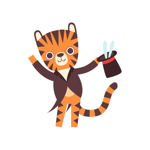 Cute Little Tiger Magician Performing his Trick with Rabbit Appearing from Magic Top Hat, Adorable Wild Animal Cartoon Character Vector Illustration — Stock Vector