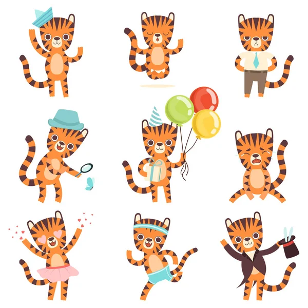 Piccola tigre carina in diverse situazioni, adorabile illustrazione vettoriale del personaggio del cartone animato selvatico — Vettoriale Stock