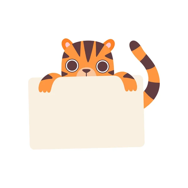 Ilustracja wektorowa mały Tygrys trzymając pusty transparent, Cute Cartoon zwierząt z pokładzie pusty znak — Wektor stockowy