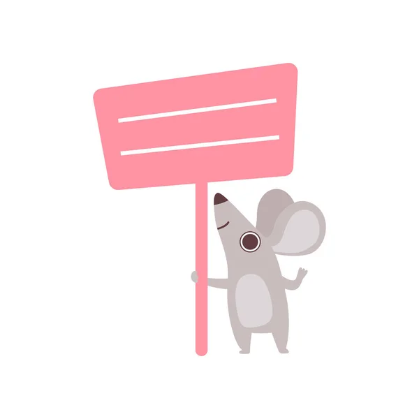 Lilla musen håller rosa Tom Banner, söt tecknad djur med tomma tecken styrelsen vektorillustration — Stock vektor
