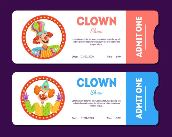 Ensemble de billets de spectacle de clowns, modèles de cartes de cirque avec illustration vectorielle drôle de clowns — Image vectorielle