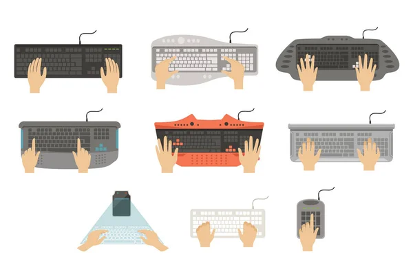 Tapant les mains sur le clavier, différents types de vecteur de vue de dessus de console d'ordinateur Illustrations sur un fond blanc — Image vectorielle