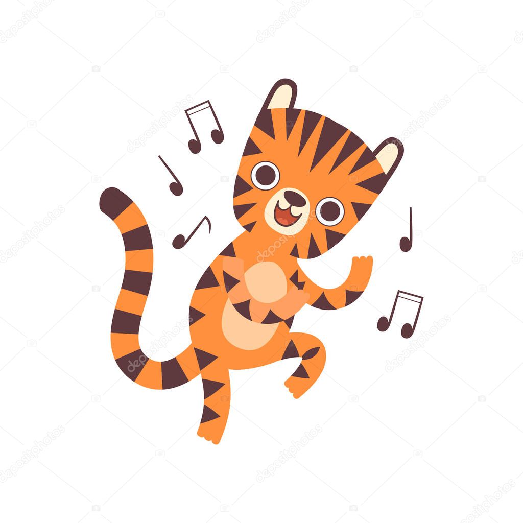 Cute Little Tiger Listen to Music and Dancing, Adorable Wild Animal Cartoon Character Vector Illustration