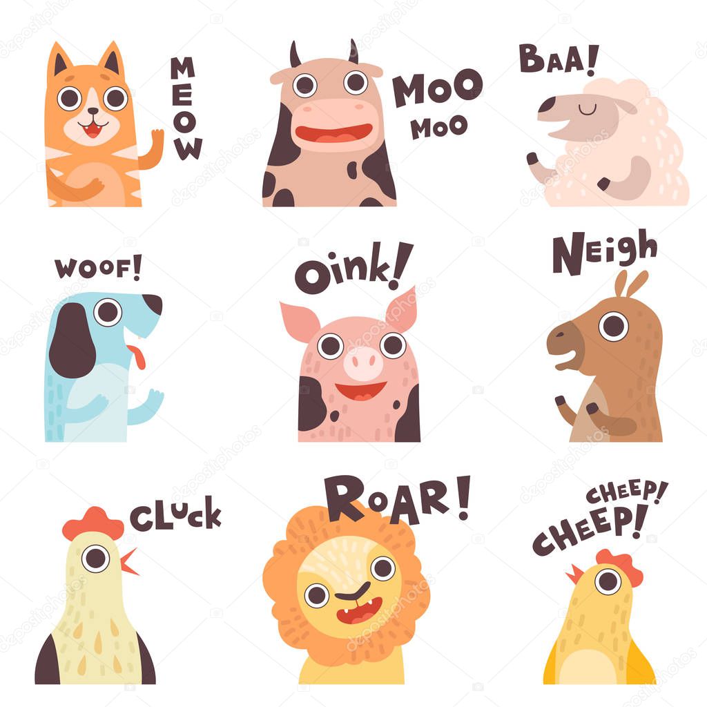 Cute Cartoon Farm Animal Making Sounds Set, Cat, Cow, Sheep, Dog, Pig, Horse, Hen, Lion, Chick Saying Vector Illustration