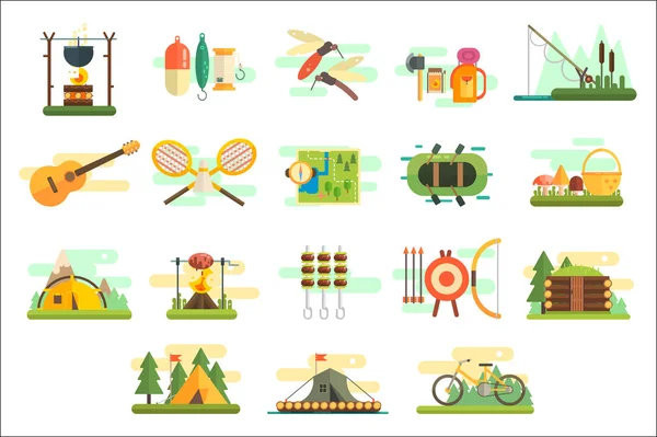 Camping iconen set, wandelen en vissen apparatuur, reizen en ontspannende elementen, zomer vectorillustraties op een witte achtergrond — Stockvector