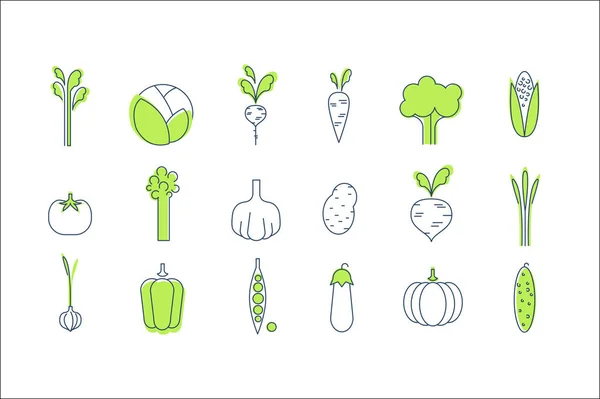 Plantaardige pictogrammen set, gezonde vegetarisch voedsel vectorillustraties op een witte achtergrond — Stockvector