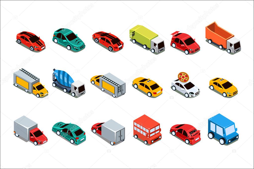 Urban cars and vehicles set, city transport vector Illustrations on a white background