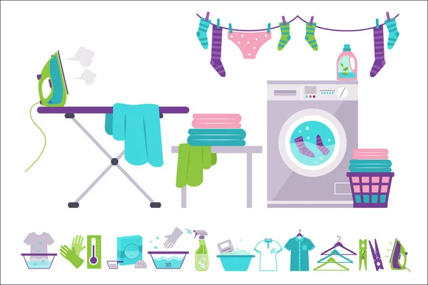 Wasruimte, wasmachine, basket, Strijkijzer, strijkplank, kleren drogen, reiniging supplies vectorillustraties op een witte achtergrond — Stockvector