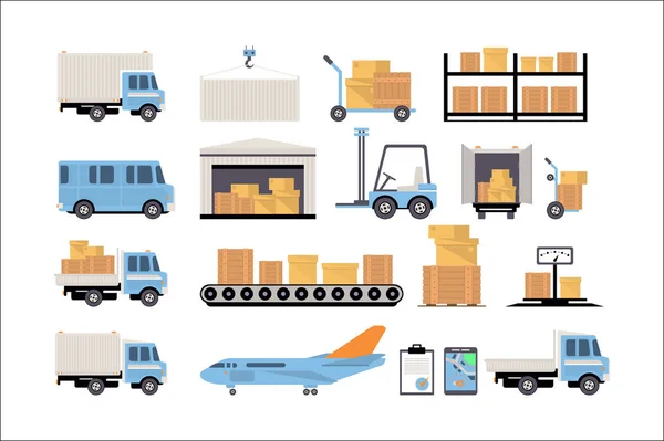 Almacén y conjunto logístico, estantes con mercancías, camión de reparto, avión, escalas, cajas de cartón, entrega y vector concepto de almacenamiento Ilustraciones sobre un fondo blanco — Vector de stock